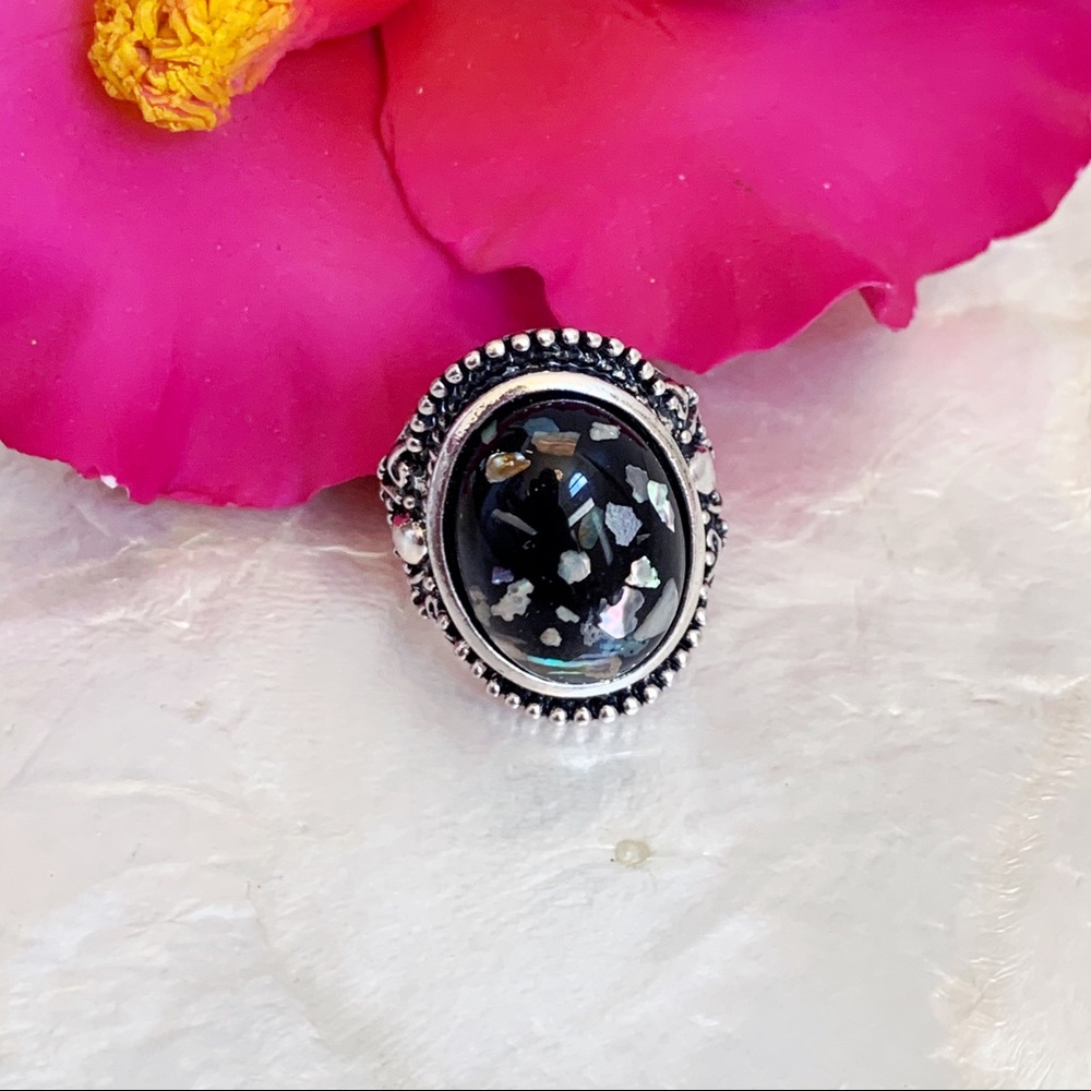 Silver Tone Faux Black Speckled Oval Stone Ring 8